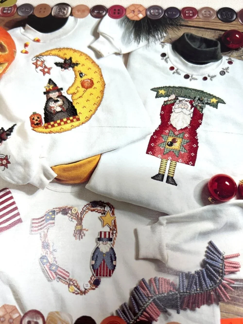 Buttoned-Up Holiday & Everyday Cross-Stitch Patterns For Clothing & Home Décor
